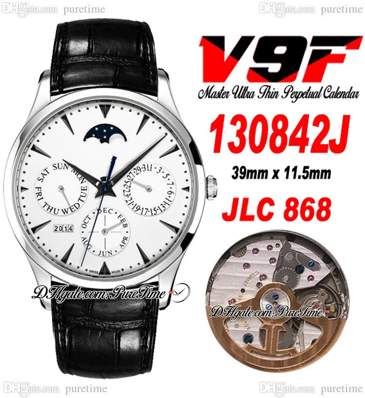 V9F Master Ultra Thin Perpetual Calendar A868 자동 남성 시계 130842J 스틸 케이스 흰색 다이얼 달달 가죽 스트랩 시계 슈퍼 에디션 Puretime C3