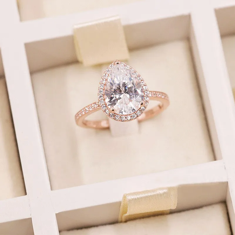 Sparkling Teardrop Halo Ring Rose gold plated Engagement jewelry for Women Original box set for pandora 925 sterling silver Rings