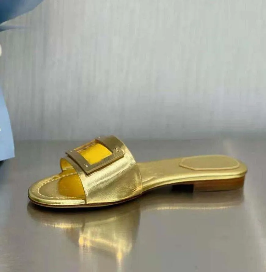 Dam Designer tofflor flats Baguette Wide Band Slides GOLD NAPPA LEATHERS SLIDE metalliskt läder promenadskor beach slide shoe slip-on 35-42
