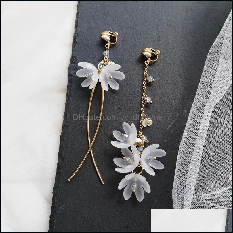 clip-on & screw back korean style camellia flower long clip earrings asymmetric temperament on no piercing for women partyclip-on