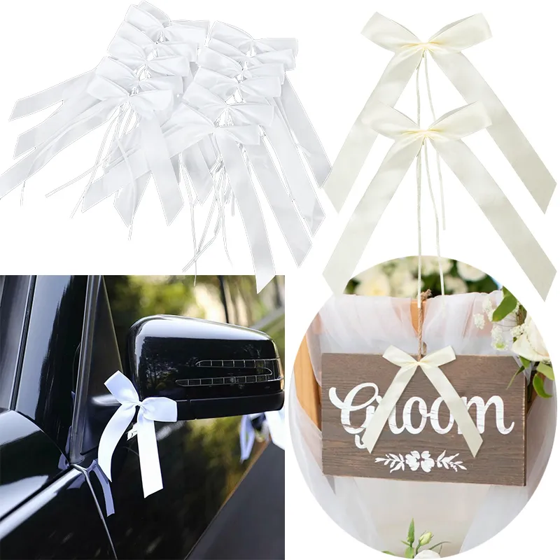 50pcs Wedding Car Decoration White Ribbon Bows Jewelry Gifts Wrap Satin Ribbon Bowknots For Vintage Wedding Party Chaire Decor