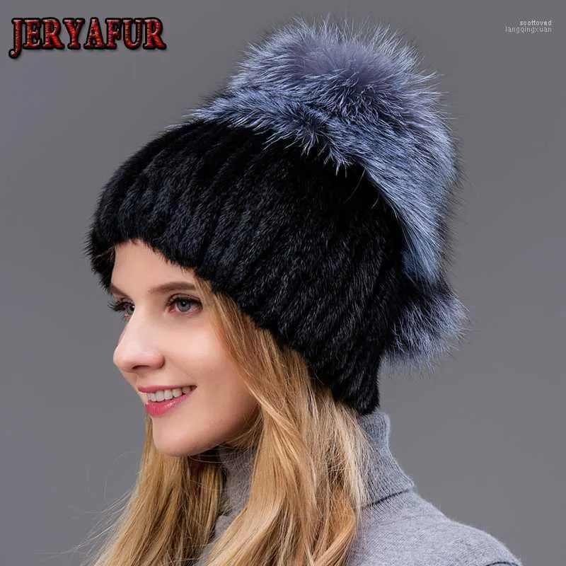 Beanie/Skull Caps Jeryafur Women Fur Hats for冬の本物の帽子とシルバーポンポムスニットビーニーセールhats1 scot22