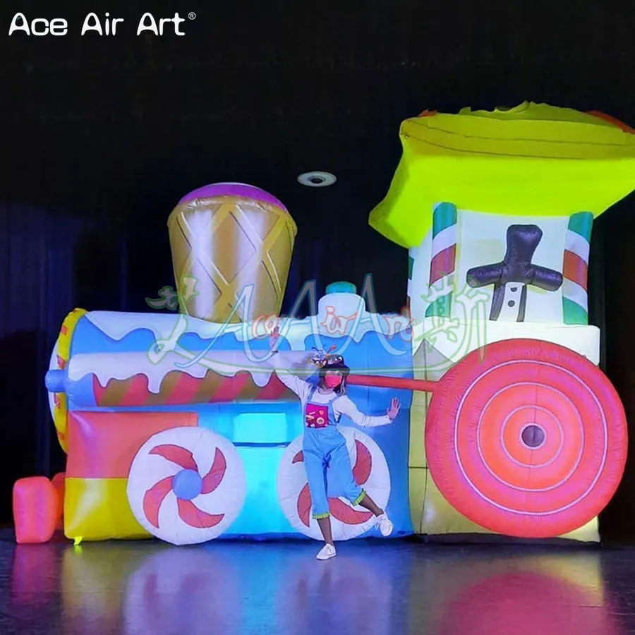4 metros Lenght Inflatable Train House Air soprado Candy Cream Sweet Cone Train para Evento de Festival Decoração de Antecedentes