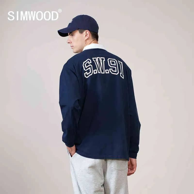 SIMWOOD 2022 Primavera Nuovo Manica Lunga Lettera Stampa T-Shirt Da Uomo 100% Cotone Falso Doppio Strato Polo Oversize Top SK220913 T220808