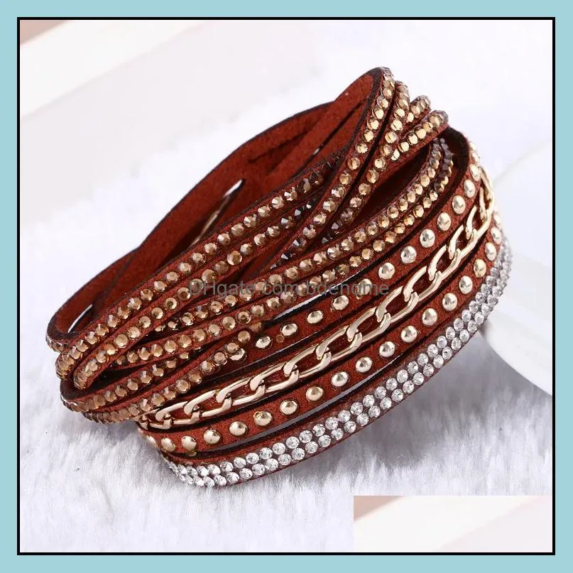 women new fashion pu leather wrap wristband cuff punk rhinestone bracelet crystal bangle charm bracelets 10colors 17121313