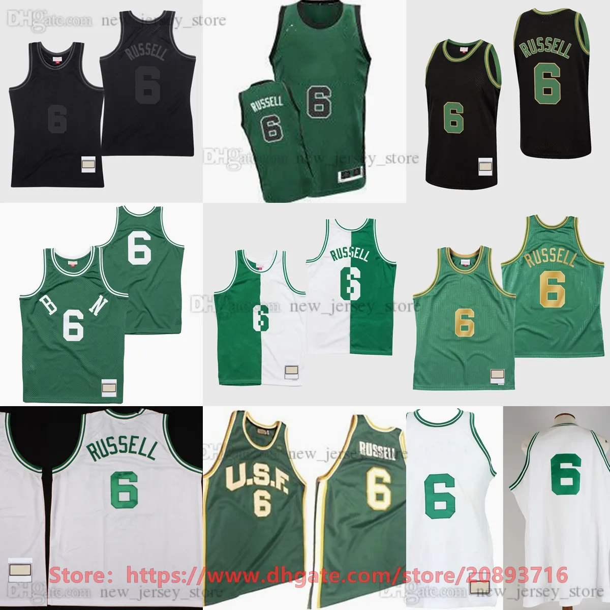 Custom 1962-63 Bill Basketball 6 Russell Jerseys Cosido Blanco Verde Negro Retro Russell Legend Vintage Jersey Tamaño S-XXXL hombre mujer joven niños