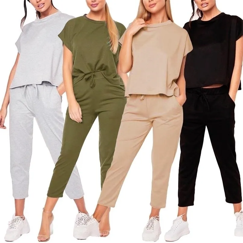 Summer Women Elegant Short Sleeve Pants Set Women Casual Outfits Jogger Two Piece Set Korean Sports Suit Solid Color Cotton TR D220611