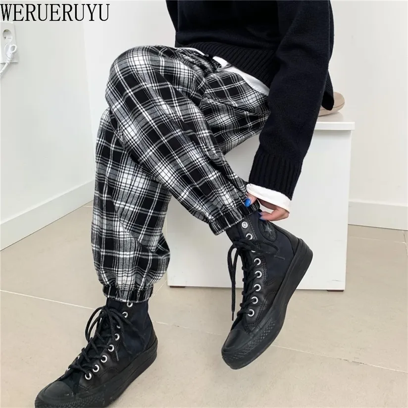 Plaid Pant's Casual Autumn Clothes Loose Drawstring Clothing Fashion Black White Check Harem 220325