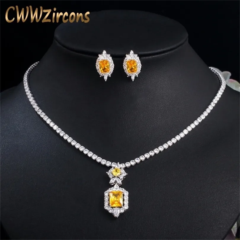 CWWZircons Glänzender gelber Zirkonia-Stein, runde Tennis-Halskette und Ohrringe-Set für Frauen, Party, Kleid, Schmuck, Zubehör T443 201222