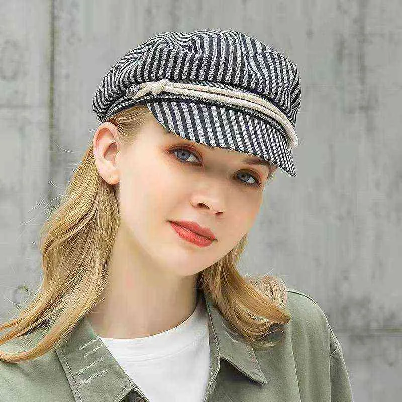 Fashion Cotton Military Hat Autumn Sailor Hat For Women Män Stripe Flat Top Female Travel Cadet Hat Capta Cap H3 J220722