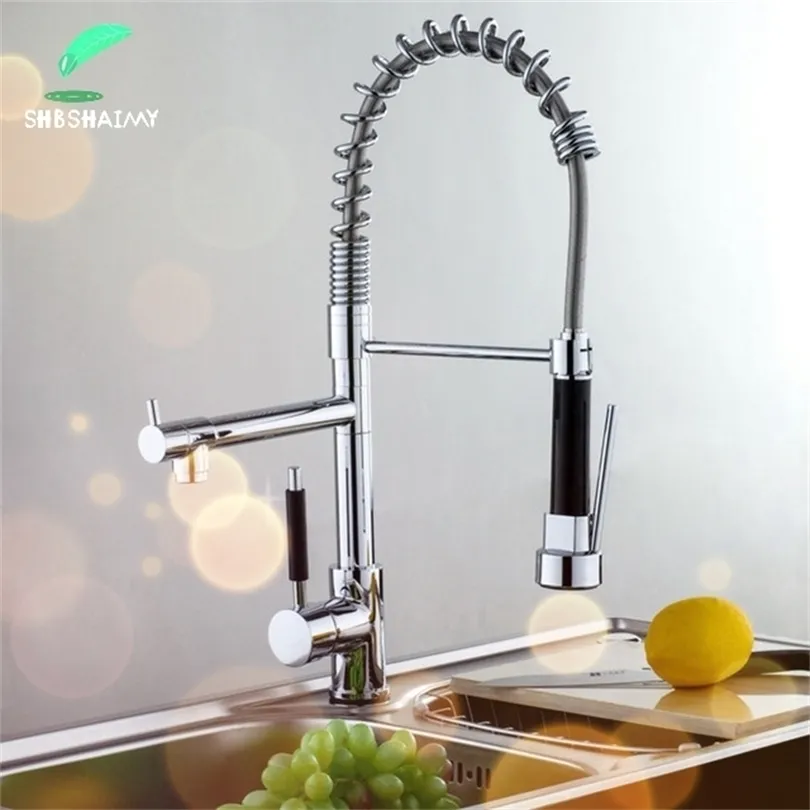 SHBSHAIMY Chrome Rotatable Kitchen Faucet Pull-out Kitchen Spray Dual Spray Dual Handle Single Hole Hot and Cold Mixer Taps T200424