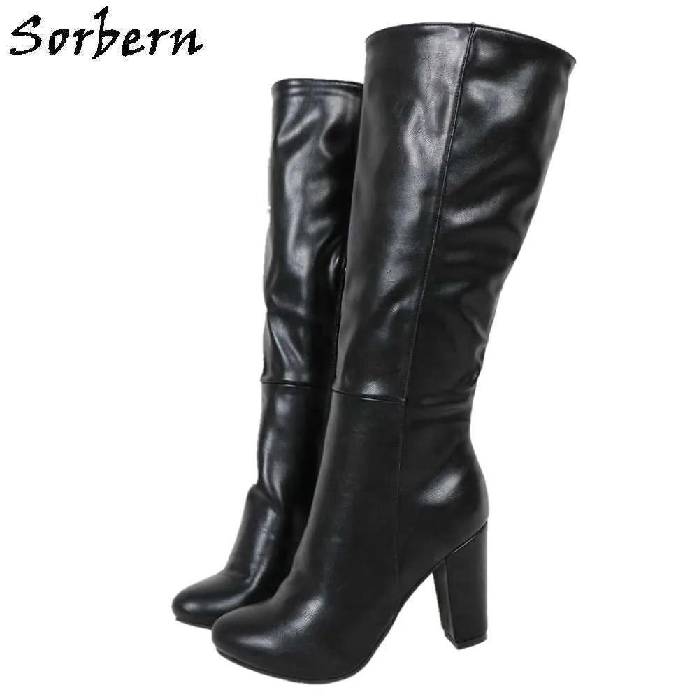 Sorbern Black Knee Hoge Dames Laarzen Vierkante Hakken Ronde Teen Botas Mujer 2019 Half Rits Laarzen Cutsom Color Laarzen