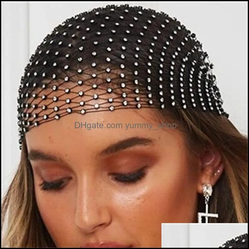 New Fashion Women Bling Rhinestone Head Scarf Turban Hat Headband Crystal Mesh Cap Hair Snood Nets Headpiece Headwear Accessorie 768