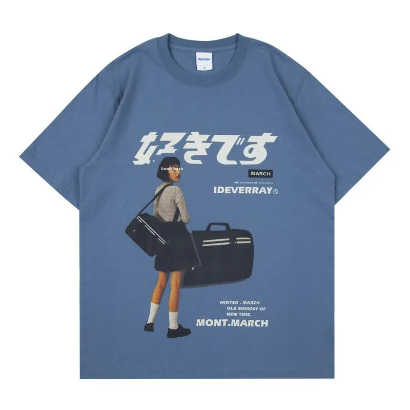 メンズ Tシャツ Kpop ブルーレトロガールポスタープリント Tシャツ男性半袖オーバーサイズ Japanes 漢字 Tシャツ女性ヴィンテージグラフィック Tシャツ Streetwe