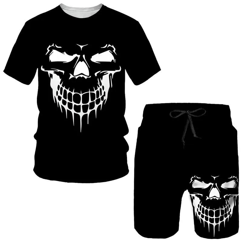 Tute da uomo Estate Punk Teschio Stampa 3D Set da 2 pezzi Tuta sportiva da uomo a maniche corte T-shirt grafica gotica/pantaloncini/abito da uomo