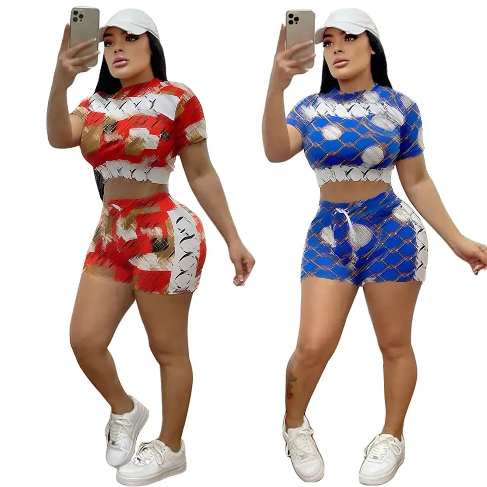 Tute stampate digitali di design più recenti per donna manica corta O-collo crop top e pantaloncini casual marca casa 2 pezzi set Q6018