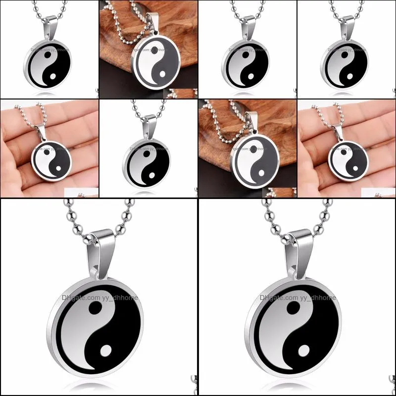 pendant necklaces religious chinese yin yang unisex stainless steel mens womens necklace yinyang ba gua black white enamel jewelry