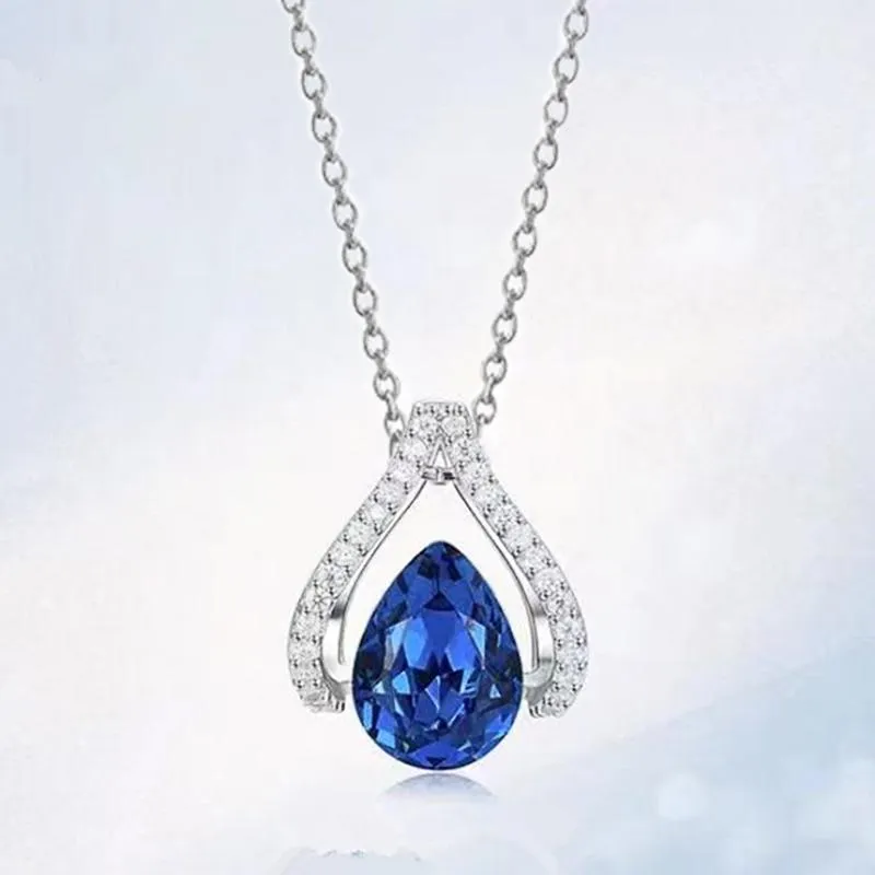 Pendant Necklaces Huitan Fashion Necklace With Water Drop Blue CZ Luxury Women's Accessories For Party Fancy Birthday Gift Ladies Jewelr