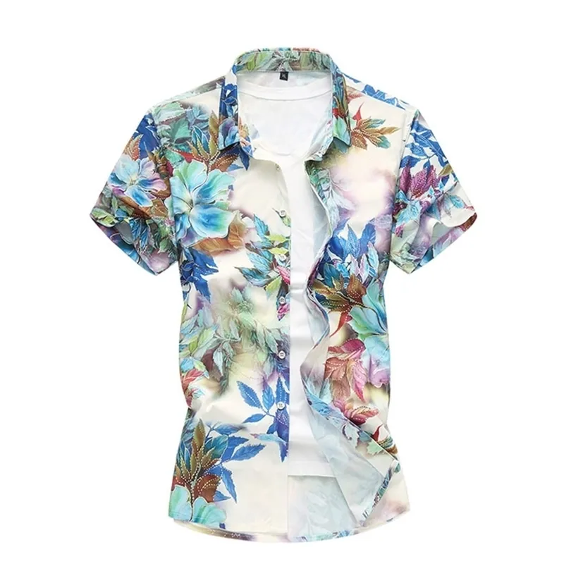 Big Size Men 5xl 6xl 7xl Nya sommartröjor Män Kort ärm blommig tryck Hawaiian Casual Cool Breattable Vacation Beach Shirt 210412