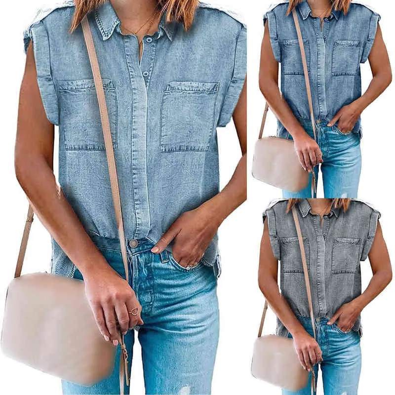 Fashion Denim Blouses Women Summer Turn Down Collar Button Shirts Casual V Neck Short Sleeve Tops Female Clothes L220706