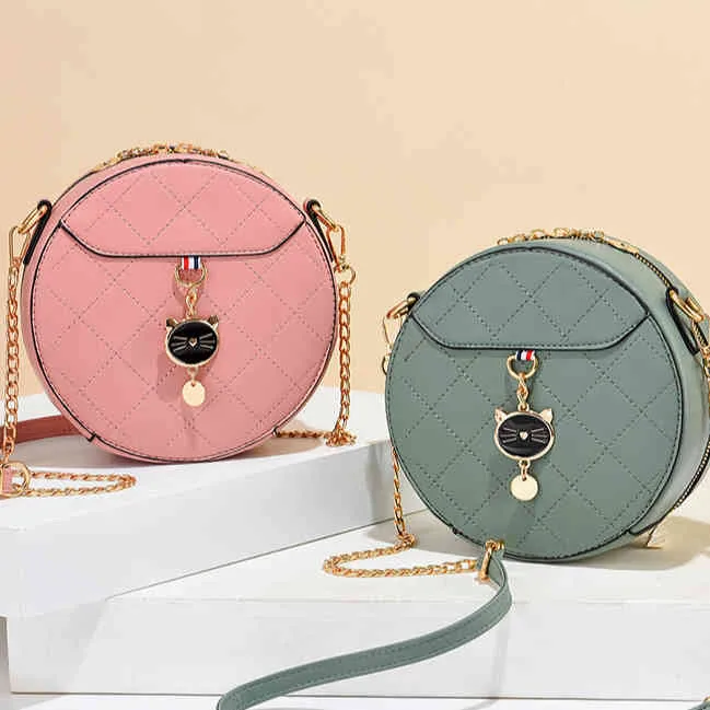 New Fashion PU Women's Cute Round Handbag Lady Metal Chain Shoulder Bag Leather Clutch Purse Bags