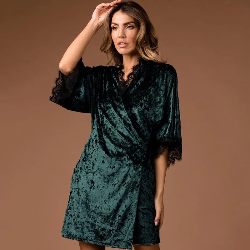 Women's Sleepwear Hiloc Knit Pajama Velvet Robes Women Lace Splicing Nightie Bathrobe Female Nightgown Half Sleeve Nightwear 2022 RobeWomen'