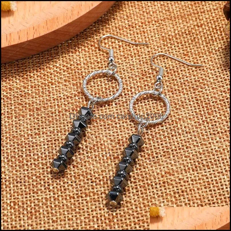 New Trendy Copper Hoop Earrings Hematite Stone Bead Long Dangle Earrings Irregular Hematite Beaded Drop Earring for Women Design