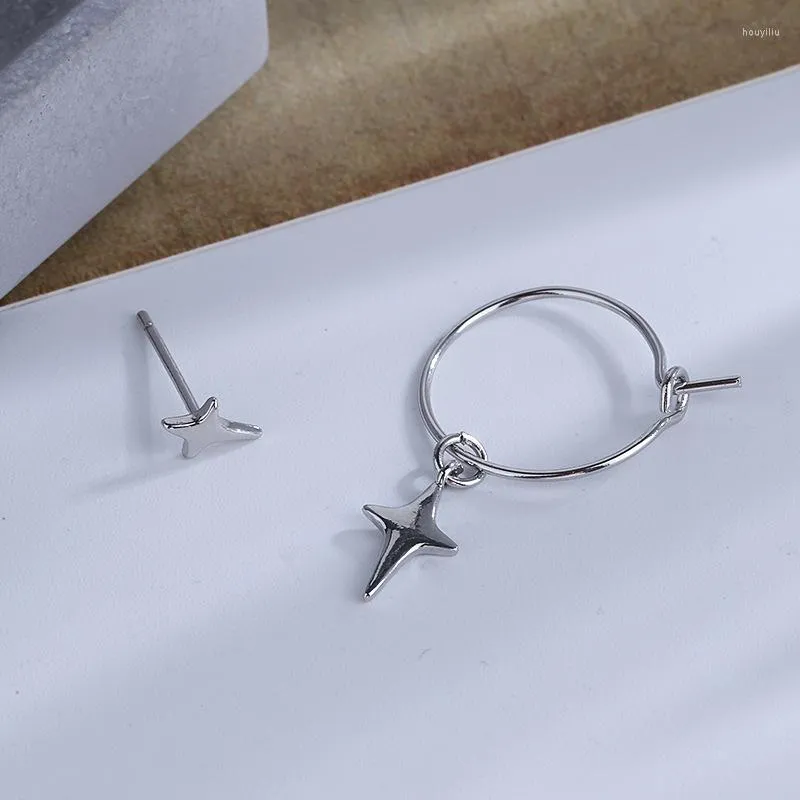Ohrstecker 925 Stempel Stern Asymmetrische Ohrringe Weibliches koreanisches Design Kreis Vierzackige OhrringeStud