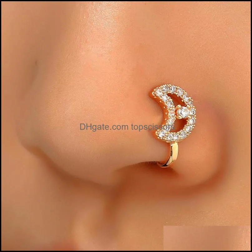 zircon clip on nose ring diamond copper non piercing body jewelry heart moon star nose clips for women and girls