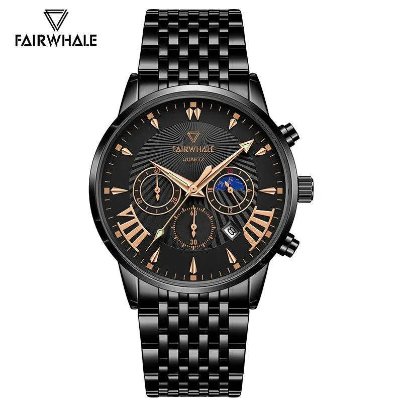 Polshorloges Mark Fairwhale Stijlvolle sportheren Watch Multifunctionele Cool Quartz Horloges Luxe maanfase Solid roestvrijstalen riem Calenda