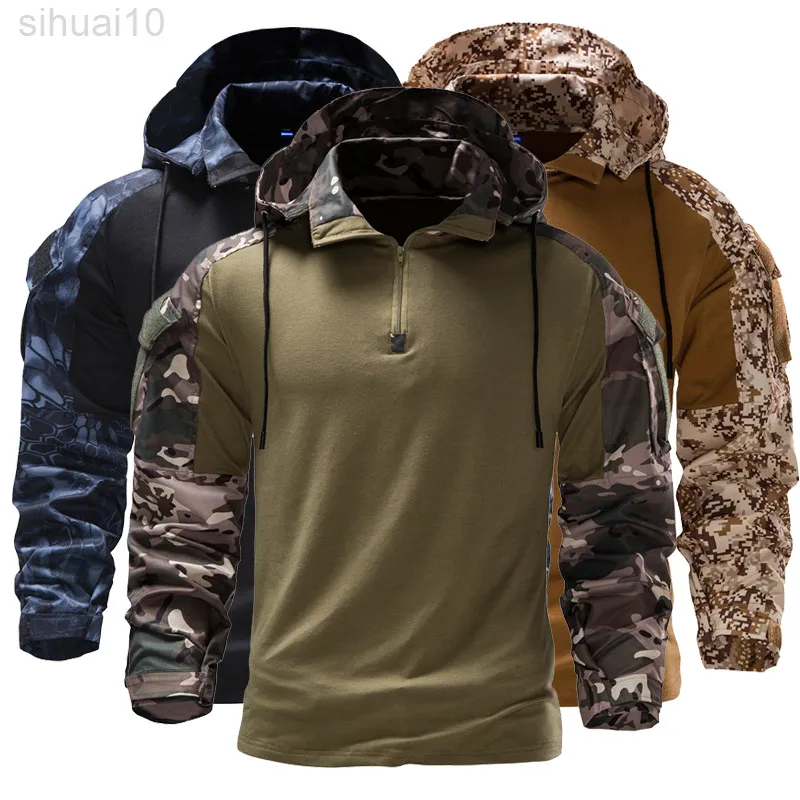 2022 New Men Military Camouflage Tactical Long Sleeve T-shirt Fashion Hooded Camouflage Long Sleeve Sweatshirt Eu Size L220730