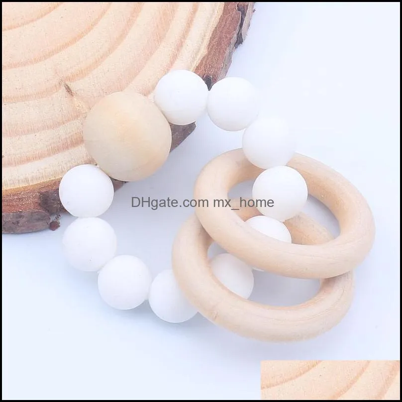 baby teether rings set food grade beech wood teething ring soothers chew toys shower play round wooden bead silicone teethers c1427