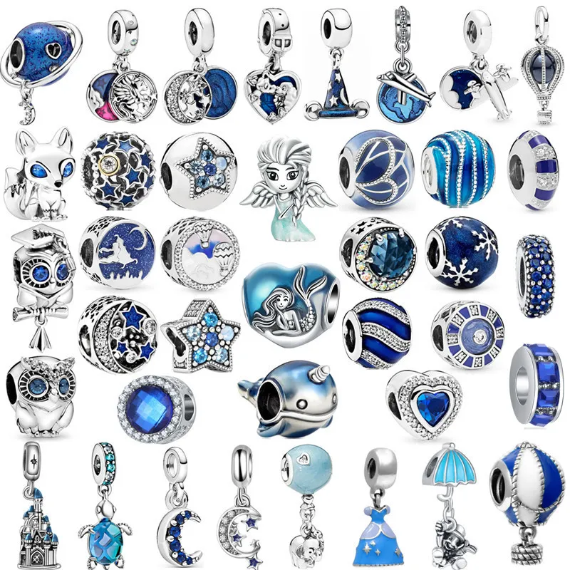 Breloques en argent Sterling 925, nouvelle série bleue, ange, sirène, étoiles, lune, pendentif, perles adaptées, Bracelet Pandora Original, fabrication de bijoux, cadeau DIY