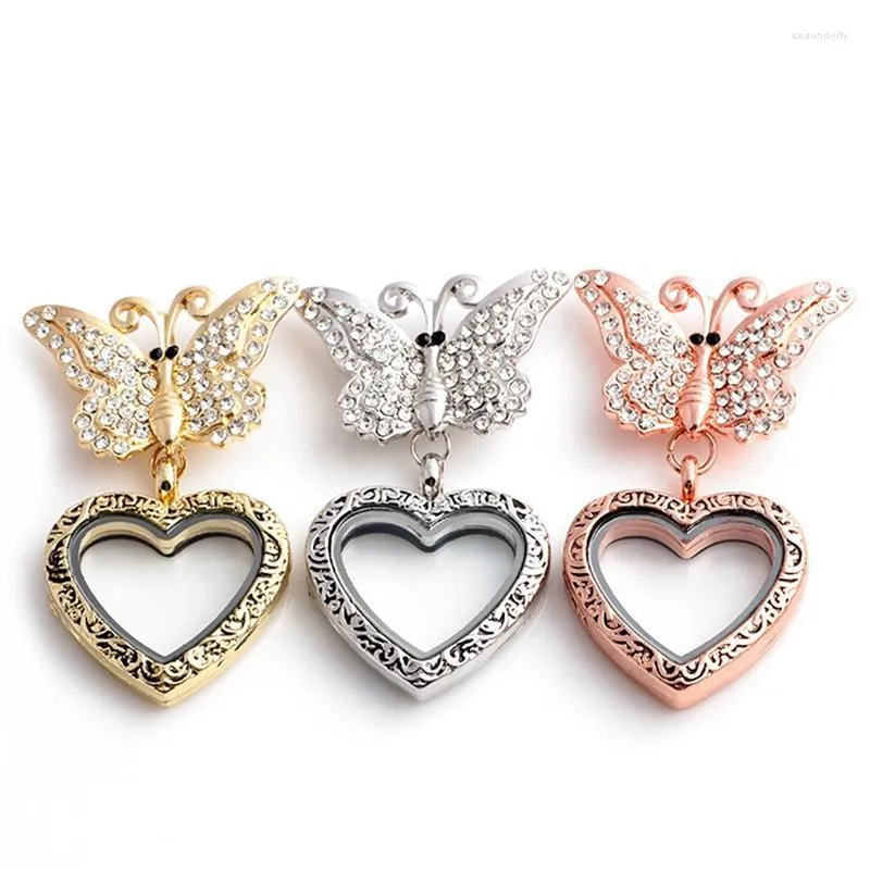 Pimler broşlar 3pcs rhinestone kelebek oyulmuş çiçek kalp cam yaşam hafıza kilitleri yüzen takılar takılar seau22