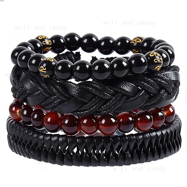 4pcs / bracelets en cuir set Bangle Braceux Braceaux Bracelet Bracelet A réglable pour hommes