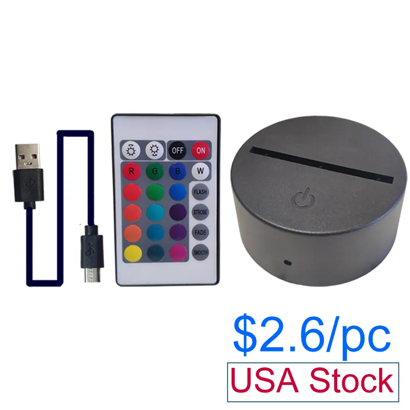 3d Night LED Light Lamp Base Remote Control USB Cable Justerbara 7 färger Dekorativa ljus för sovrum Barnrummet Bor i USA