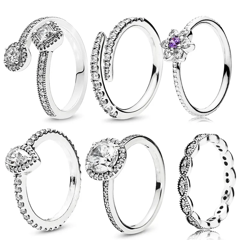 Ny populär 925 Sterling Silver Rings vattendroppar tunn fingerring transparent CZ Pand0ra Ms Bröllop smycken mode tillbehör gåva