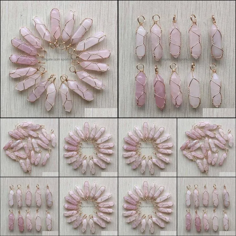 healing natural pink rose quartz stone crystal handmade charms gold iron wire pillar shape pendants for jewelry making