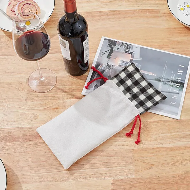 Sublimation Christmas Wine Bag Printed  Plaid Line Wines Bags Cotton Linen Drawstring Packets Customized Christmas Day Decoration