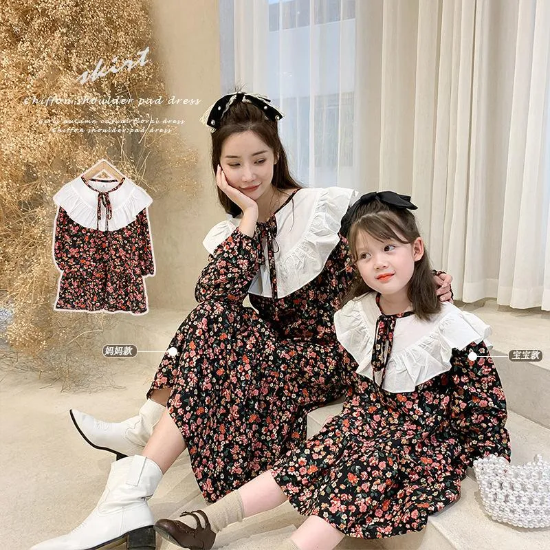 Family Matching Outfits Lace Princess Mother Daughter Dresses Spring Long Sleeve Doll Collar Floral Dress Look Mommy And Me Autumn