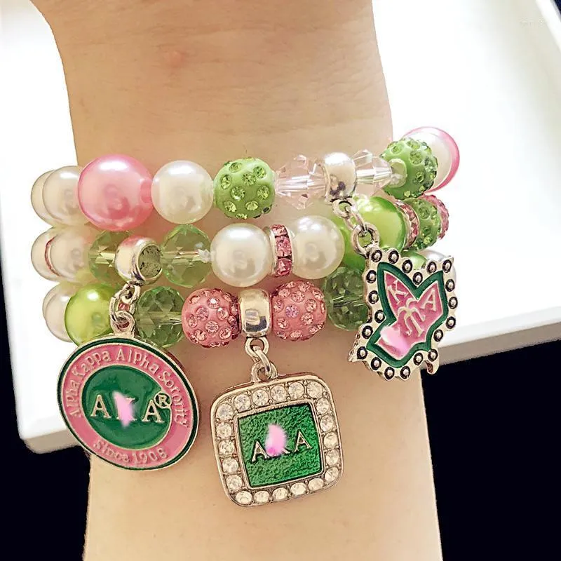 Beaded Strands Hand Made Greek Letter Sorority Pink Greenh And White Pearl Detal Charm Bracelet Jewelry Women's Fashion Accessor Fawn22