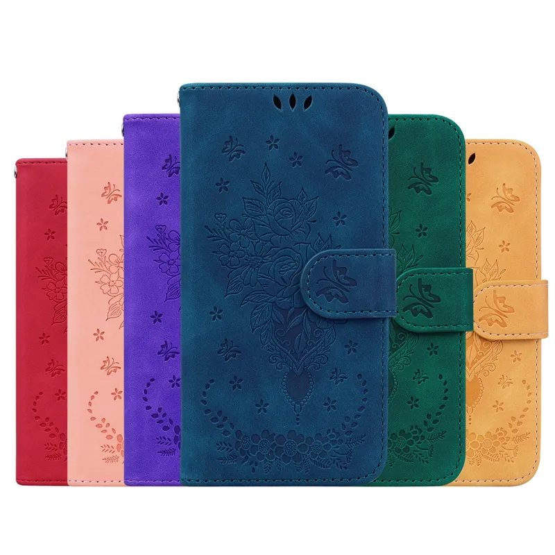 Butterfly Rose Flower Leather Plånbok Fall för iPhone 14 13 12 11 Pro Max XR XS Max X 8 7 Plus 6 SE 2022 iPod Touch 5 -kortplats ID Holder Stand Flip Cover Pouch Book Purse