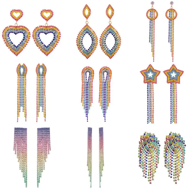 Dingle ljuskrona wgoud personlighet Lång flerfärgad regnbåge Rhinestone Crystal Tassel Drop Earring Korea Women Party Wedding Jewelry Gi