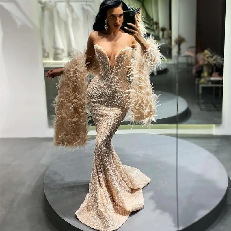 Party Dresses Sevintage Glamorous Feathers Mermaid Sequin Evening V-ringen Dubai Women 2022 Prom Gowns Celebrity Formal Dressparty