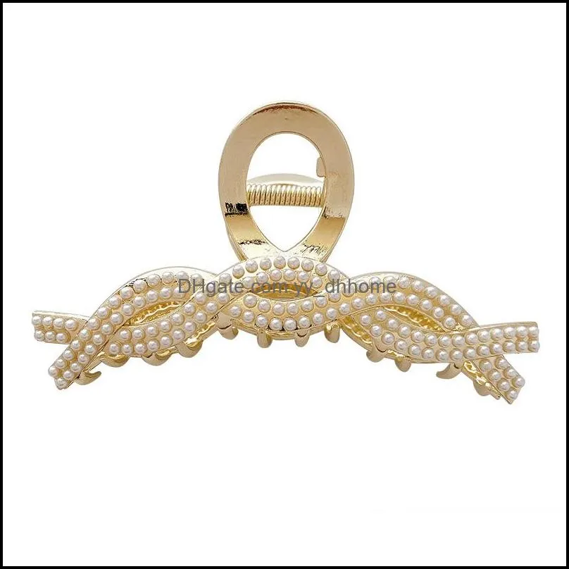 female pearl crystal cross twist shape hair clamps large size gold alloy hair claw clips girls head wear ponytail hairpins scrunchies jewelry length 11