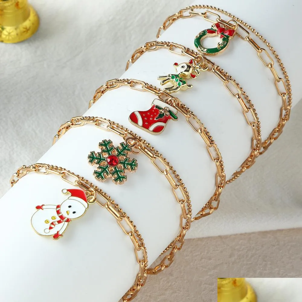 fashion jewelry christmas bracelet deer snowman snowflake pendant double layer chain bracelets