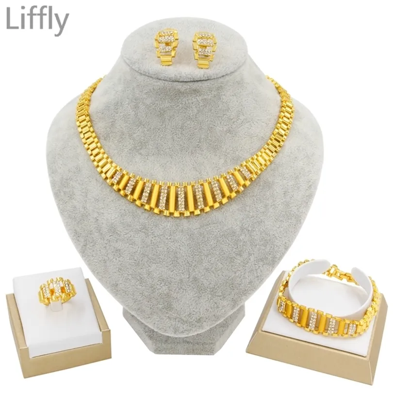 Liffly Nieuwe Dubai Gouden Sieraden Sets voor Vrouwen Indiase Sieraden Afrikaanse Bruiloft Bruids Gift Ketting Armband Oorbellen set Groothandel 201222