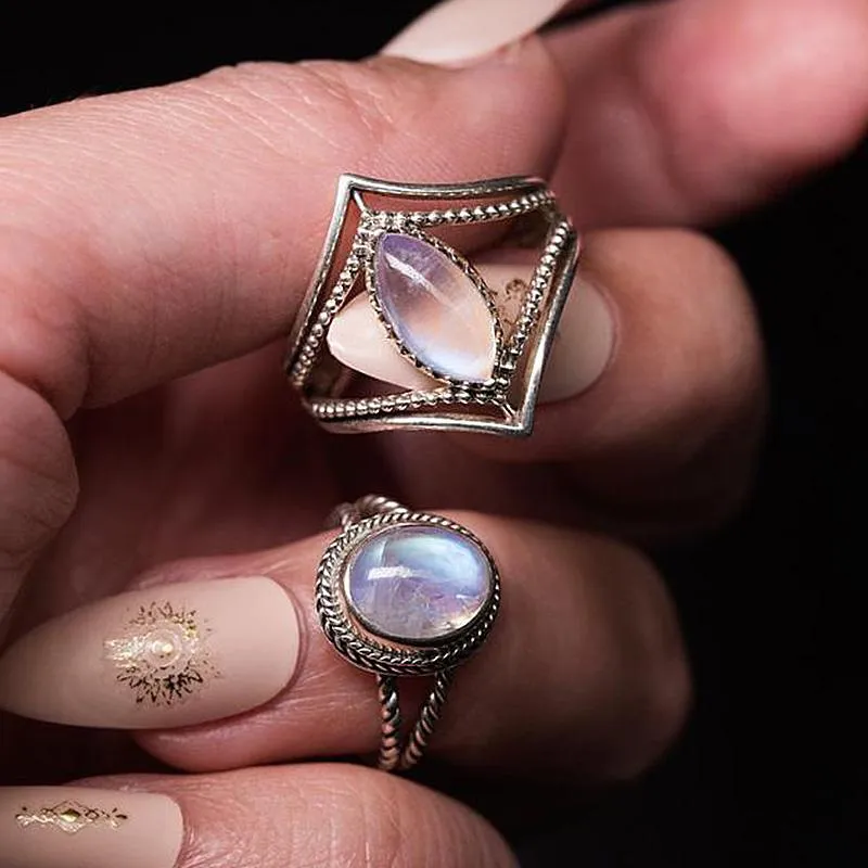 Klusterringar geometrisk oval sten vintage för kvinnor mode smycken antik silverfärg etnisk finger knucke kvinnlig anelcluster