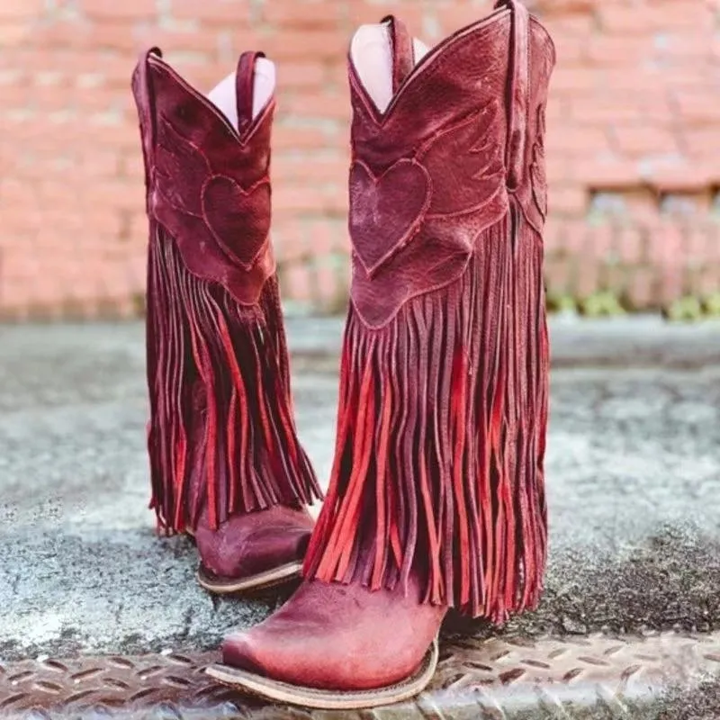 Western Cowgirl Boots for Women Pointed Toe Tassel Chunky Heels Green Red Slip on Wedge Boots Fashion Shoes