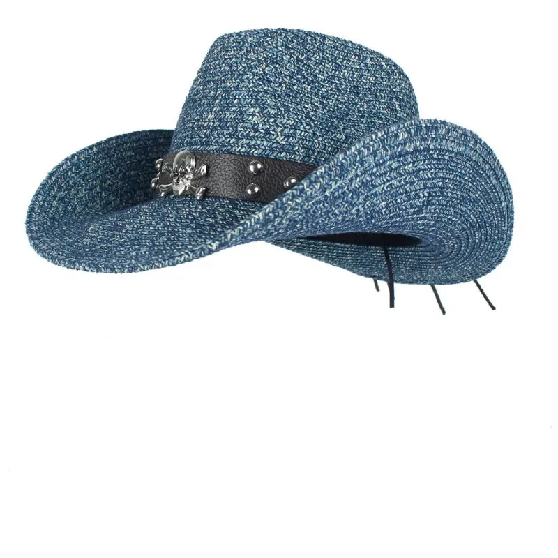 Basker sommarstrån kvinnor män ihålig västra cowboy hatt sombrero hombre strand cowgirl jazz sol storlek 57-59cmberets